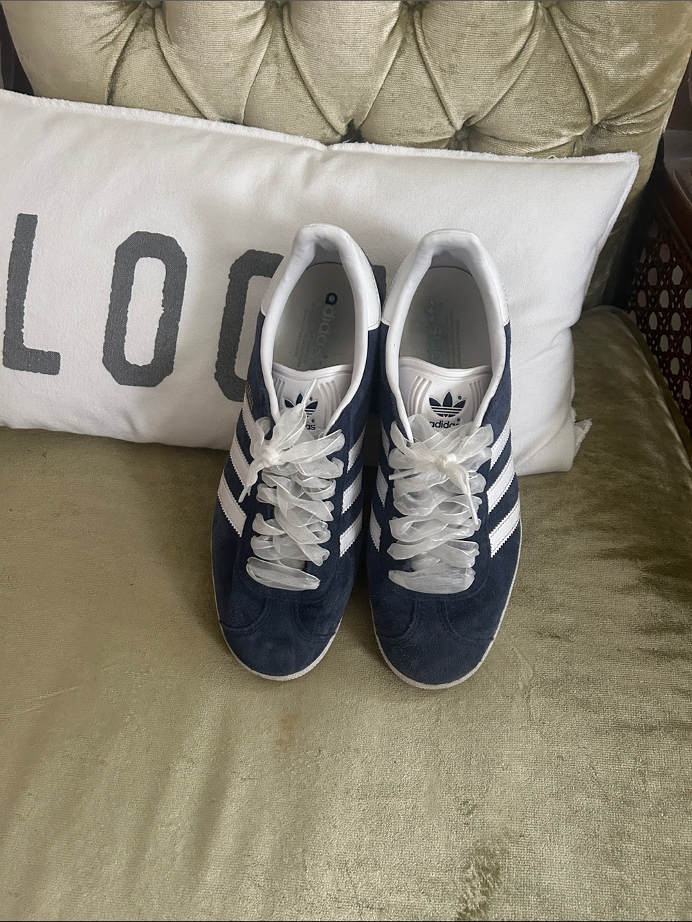 adidas navy and white suede sneakers size 10.5 with Anthropologie laces!